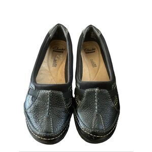 Clarks Womens Black Evianna Fuse Soft Cushion Leather Slip On Loafer Flat Size 6